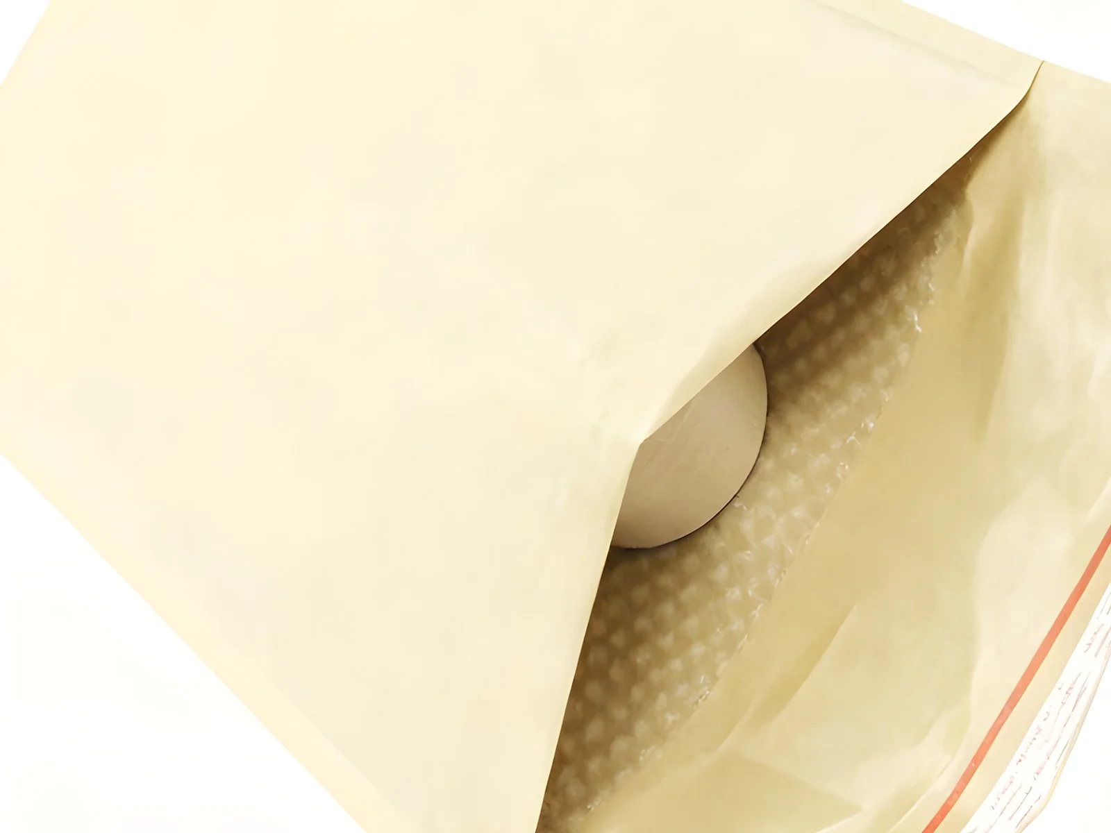 Pochette kraft à bulles ouverte, un rouleau glissé à l’intérieur